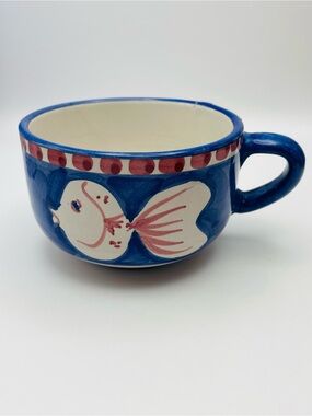 Vintage,  Hand Painted, Solimene Vietri Campagna Pesce Blue Fish Mug Cup Italy